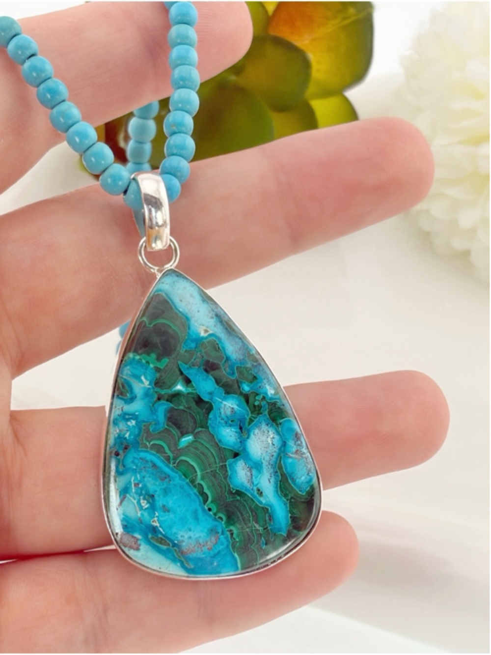 Pure Sterling Silver 925 Malachite Chrysocolla Pendant Turquoise Necklace Big
